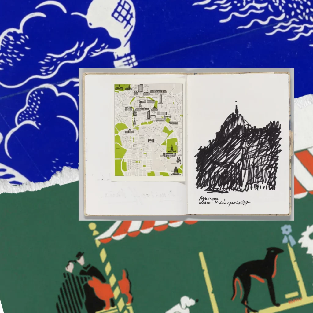 A collage overlays a sketchbook on colorful wallpaper
