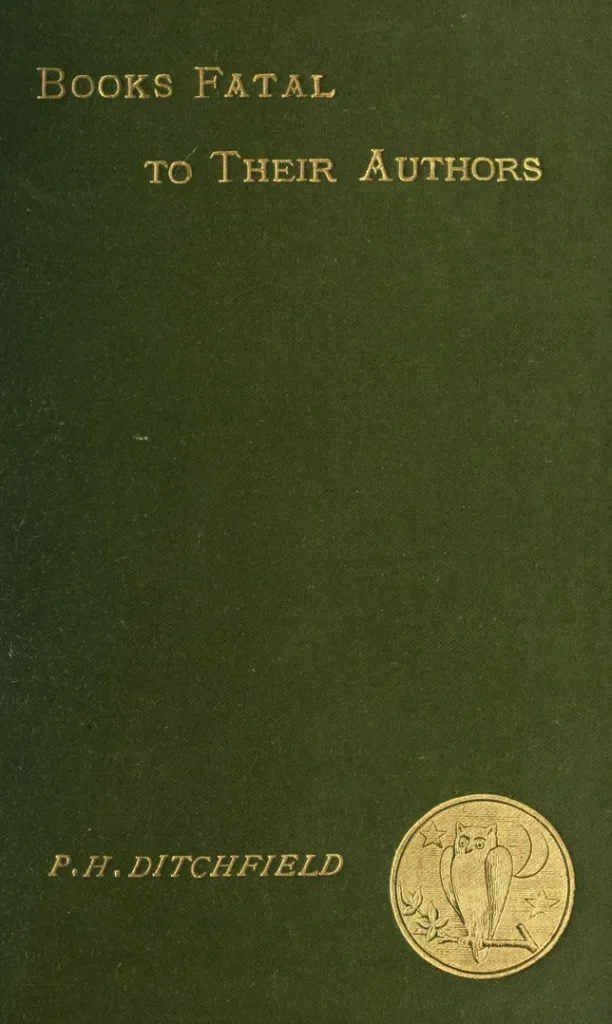A green fabric book cover with embossed gold title reading "Fatal to Their Authors," with name of author and a gold owl seal underneath
