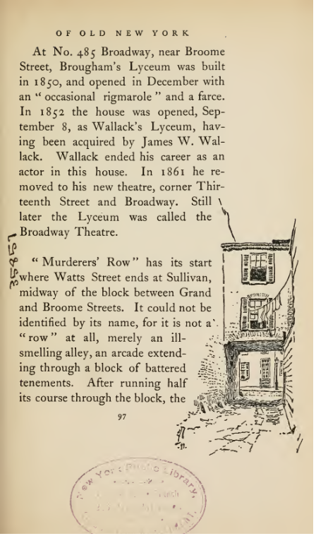 Page from "Nooks & Corners of Old New York" with text and an illustration of an alleyway