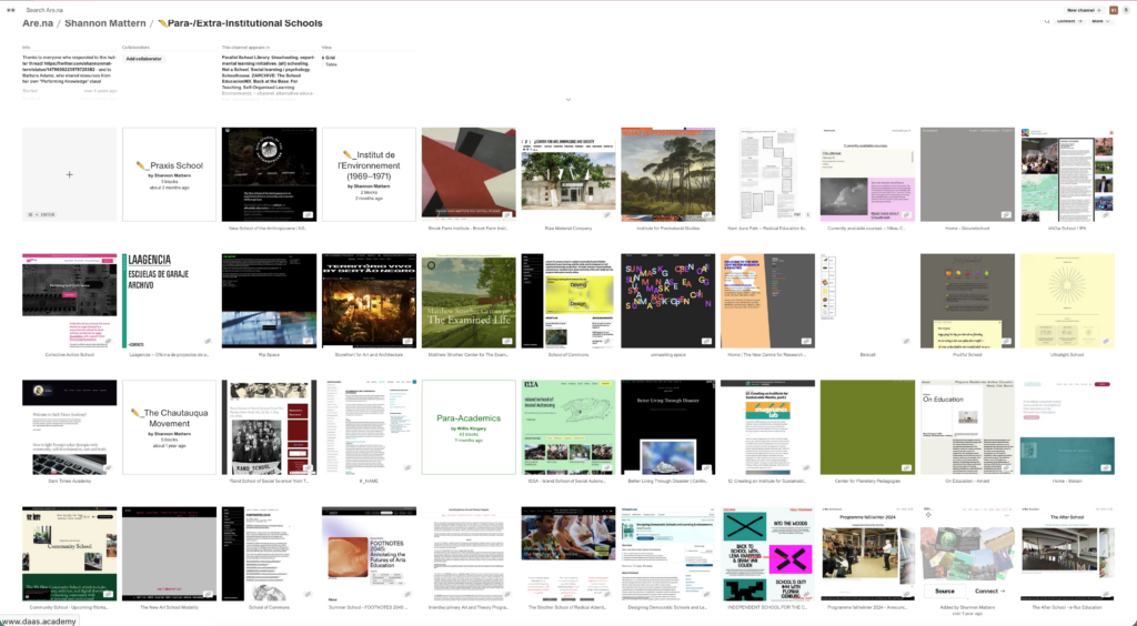 A screenshot of my Para-/Extra-Institutional Schools Arena channel, featuring dozens of blocks, each featuring a thumbnail image representing a different school or relevant resource 