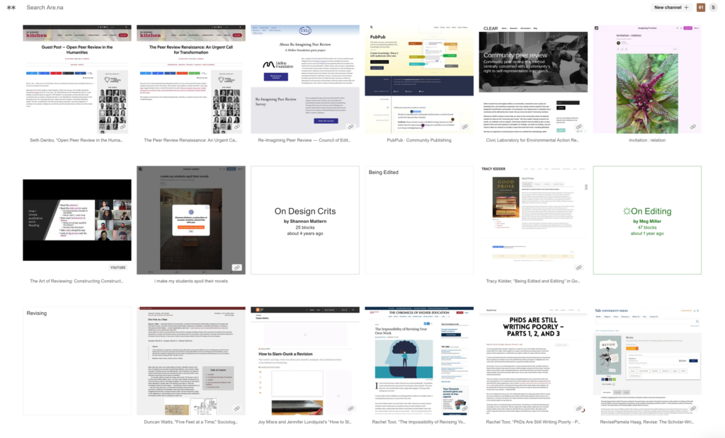Screenshot of my Arena channel re: Peer-Review and Editing; we see a bunch of blocks, each representing a different resource 