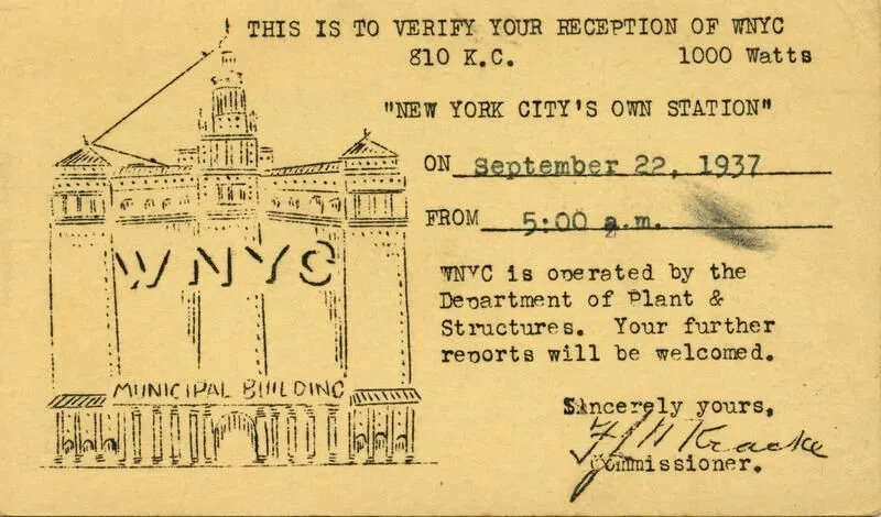 A card "to verify your reception of WNYC 810 K.C. 1000 Watts" with typed date and time.