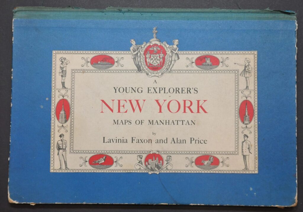 Cover of "A Young Explorer's New York: Maps of Manhattan" with elegant illustrations of buildings, animals, and people, surrounded by blue trim. 