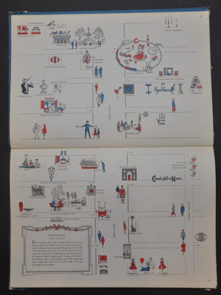 A map of city blocks with human figures illustrated doing various activities across the two-page spread