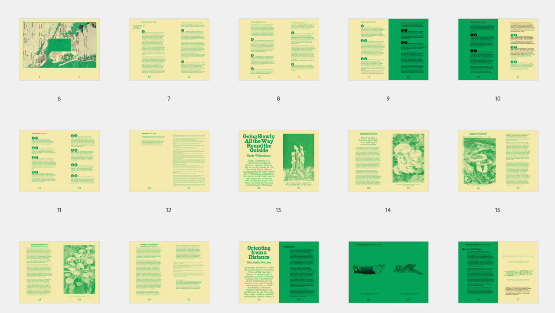 A multi-page spread from a zine shows the mix of images, text and graphics in yellow and green.