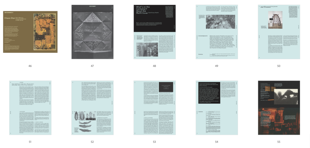 A multi-page spread from the book shows the mix of images, text and graphics across essays.